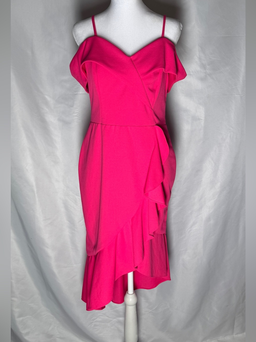 Bebe Hot Pink Ruffle Dress Off Shoulder Cocktail Party Bodycon Midi Size 10